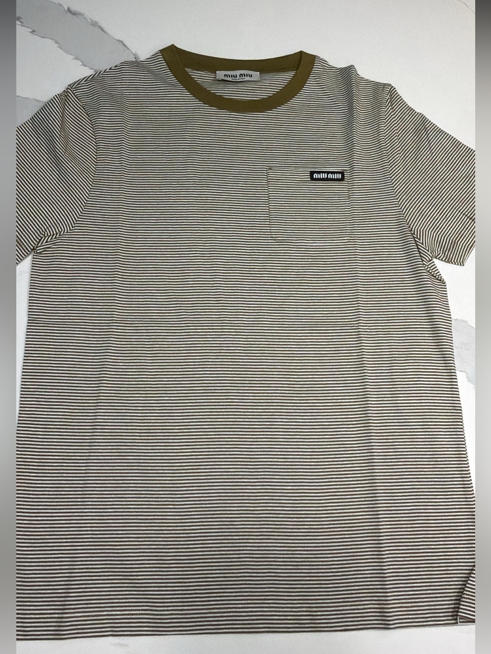Miu Miu Olive Green and White Striped Short Sleeve Crew Tee